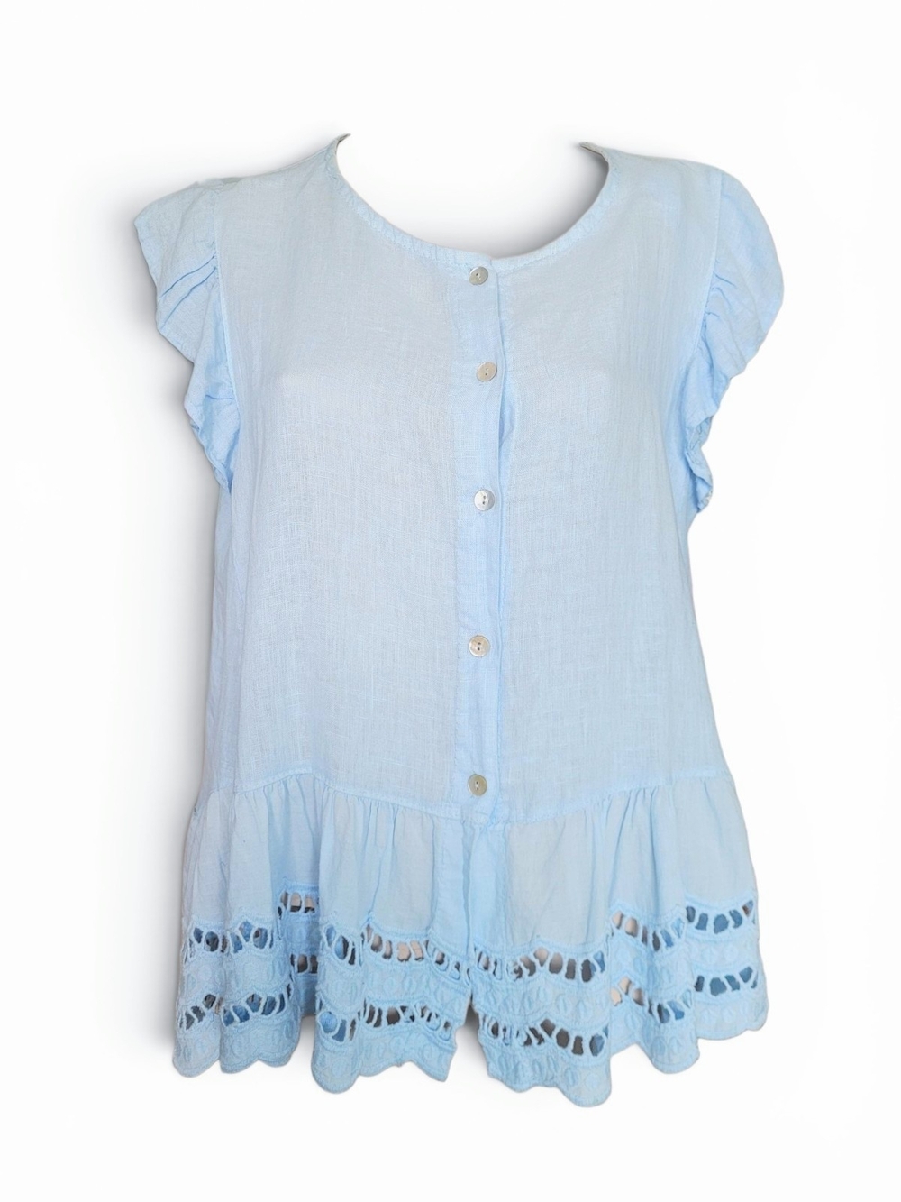 100% Linen Made In Italy Flutter Sleeve Blouse Eyelet Lace Trim Light Blue XL